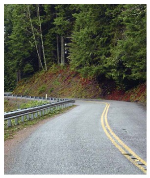 Photo of a rural two lane road with multiple horizontal curves.