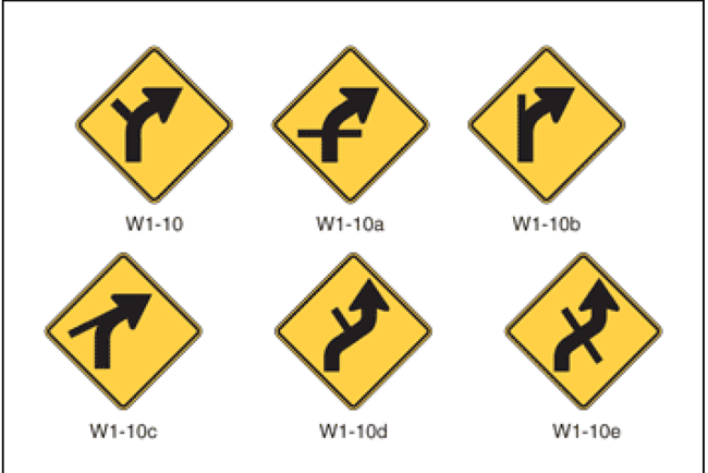 This is an excerpt from Figure 2C-1 of the MUTCD. It shows six arrow signs, including W1-10, W1-10a, W1-10b, W1-10c, W1-10d, and W1-10e.