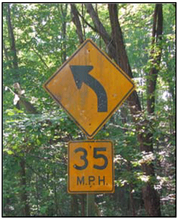 Photograph of a curve warning sign with an advisory speed plaque. The signs are coved by dust and dirt and in the shade of trees, which results in low retroreflectivity.