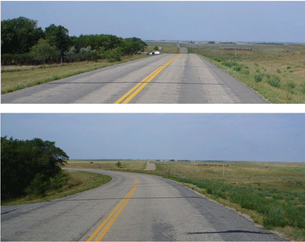 Two photographs showing the visual traps of a two-lane roadway with a curved section in a rural area. The photograph on the top shows that a crest vertical curve blocks the view of the upcoming horizontal curve. The photo shows a straight road with a vertical curve in the middle. The photograph on the bottom is a close-up view of bottom of the vertical curve. It shows that in the midst of the vertical curve, it is actually a horizontal curve rather than a tangent.