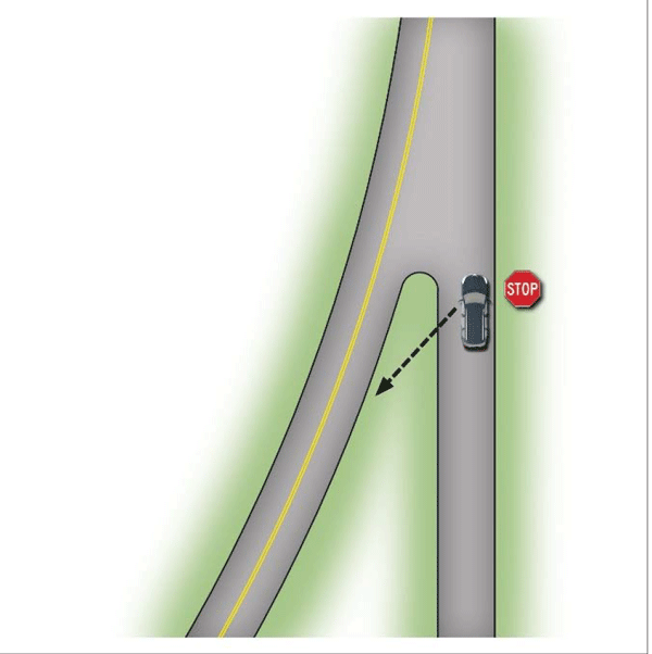 Illustration of a plan view of a road intersecting with a horizontal curve with a skewed angle. A car stops behind a stop sign and an arrow indicates the driver's line of sight.