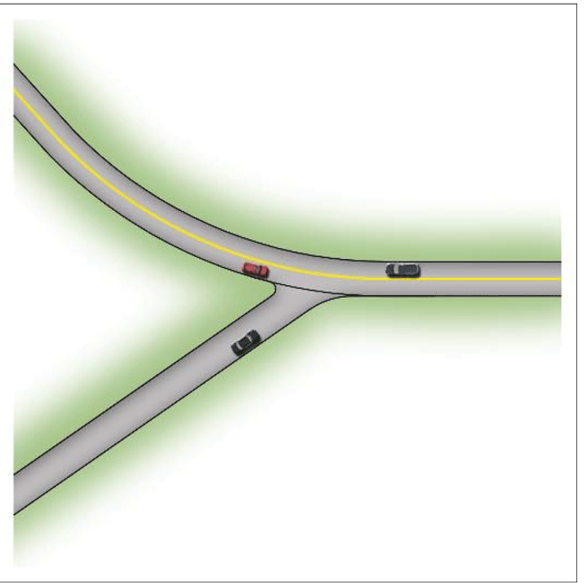 . Illustration showing a plan view of a typical skewed intersection within a curve. A road intersect with a curve in a skewed angle.