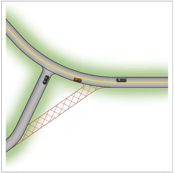 Illustration shows that the skewed approach in Figure 71 is realigned to be perpendicular to the intersecting road. The red lines show the re-aligned approach.