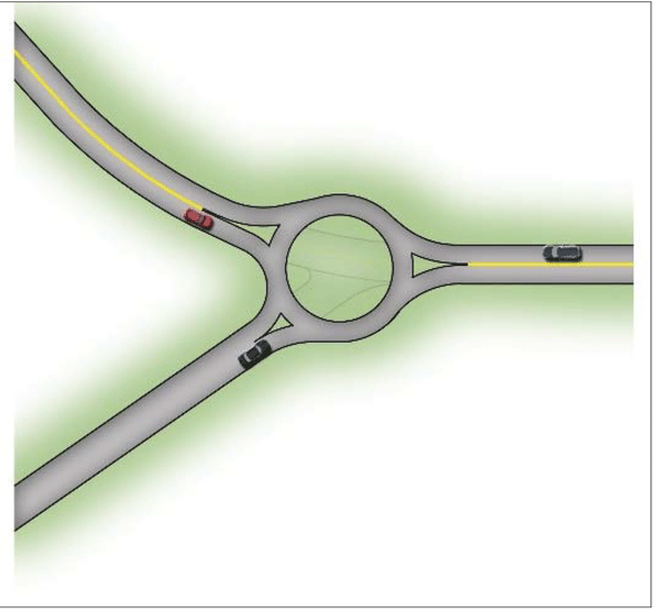 Illustration showing the skewed intersection in Figure 71 is reconfigured with a roundabout.