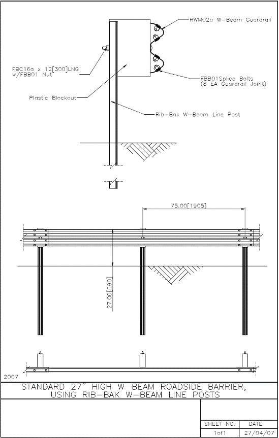 Standard 27” High W-Beam Roadside Barrier, Using Rib-Bak W-Beam Line Posts