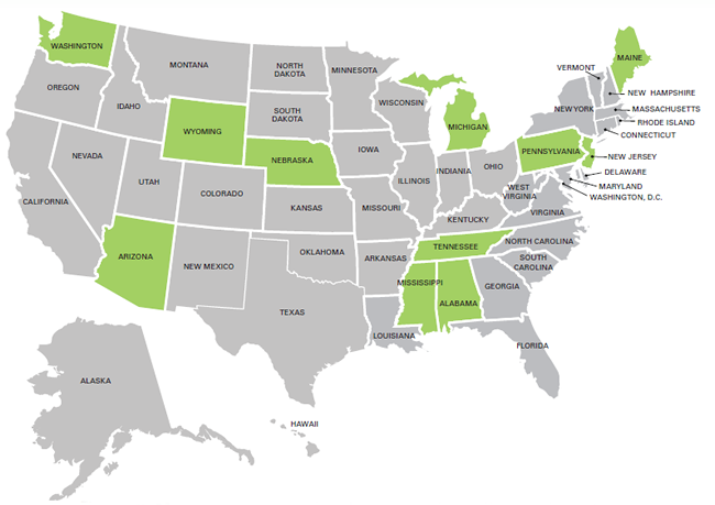 Map: Distributio nof States with noteworthy roadside tree and utility pole management practices. 