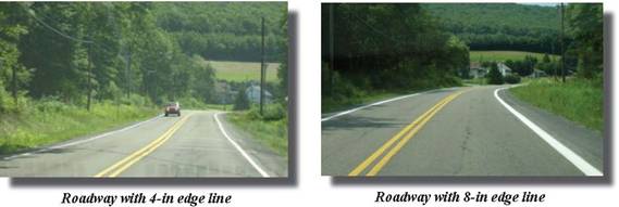 Photos.  First photo is a curving two-lane road with a 4-inch wide edge line. Second photo is a curving two-lane road with an 8-inch wide edge line