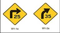 Figure. Figure shows signs W1-1a and W1-2a.  W1-1a is a combined turn and advisory speed sign and sign W1-2a is a combined curve and advisory speed sign.