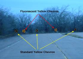 Photo with mark-up.  Photo shows 5 chevrons on a dimly lit curve.  Arrows point to 3 which are standard yellow chevrons and 2 which are fluorescent yellow chevrons.  The 2 fluorescent yellow chevrons are much more visible than the standard ones.