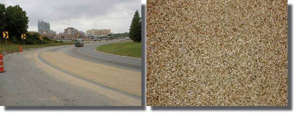 Two Photos.  First photo shows the application of Tyregrip® friction material on a curve and second photo shows a close up of the appearance of Tyregrip® material.  The material resembles multi-colored gravel pebbles in appearance.