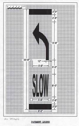 Figure.  This is a diagram of the measurements and placement of the Penn DOT advance curve pavement marking.  From top to bottom: An 8ft transverse line measuring 2 ft in thickness, a 2 ft, 6 in space, an arrow 13 ft, 6 in in height and 5 ft 9 in in overall width (actual arrow is 12 in line thickness), a 5 ft gap, SLOW lettering is 8 ft tall by 5 ft 9 in overall width (entire word), a 2 ft 6 in gap, and another 8ft transverse line measuring 2 ft in thickness.  The entire marking should take up 35 ft 6 in of linear length.
