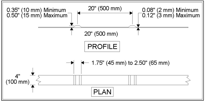 Two illustrations are shown. The top illustration shows a cross section of a raised profile pavement where a thicker layer of thermoplastic is applied on 20-inch centers along the stripe. The thermoplastic layer is typically 0.08 inch to 0.12 inch thick. The height of the raised marker ranges from 0.35 inch to 0.5 inch. The bottom one is a plan view of the raised profile. The pavement marking is 4 inches wide with a 1.75 inch wide raised markers.
