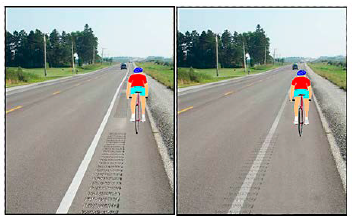 Two artist renderings of a bicycle rider on the right shoulder of a roadway. The left image depicts a shoulder rumble stripe placed to the right of the white lane marking that delineates the right edge of the travel lane, narrowing the paved area on which the bicyclist can travel. The right image shows a rumble stripe installed on the edge line itself, which gives the bicyclist the width of the shoulder on which to travel.