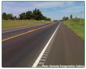 Photo of rumble strips placed on the right edge line marking of a roadway. Photo: Kentucky Transportation Cabinet