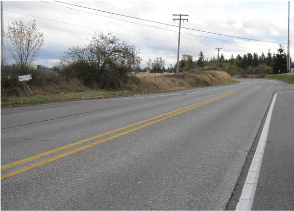 Photograph. Example profiled thermoplastic pavement marking. Photograph of a two-lane roadway with profiled thermoplastic pavement markings on centerline and edge lines.