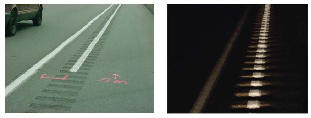 A side by side comparison of rumble strips during the daytime and at night. At night, the strips have a reflective white line to increase visibility.