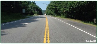 A long, straight, tree-lined rural raodway featuring center line rumble strips.