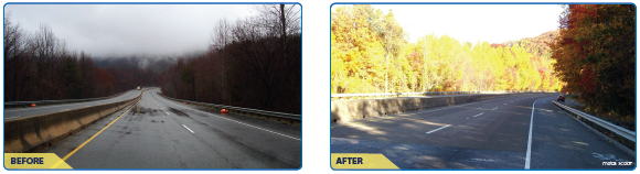 Before and after photos of the treated roadway.