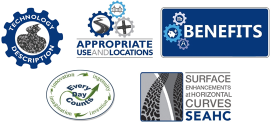 Logos: (top: from left to right ) Technology Description, Appropriate Use and Locations, Benefits, (bottom: from left to right) Every Day Counts and Surface Enhancements at Horizontal Curves SEAHC