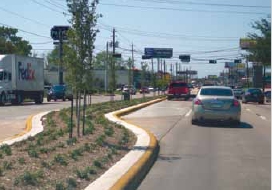 Photo of the approach to a left turn lane separated from opposing traffic by a raised-curb median.