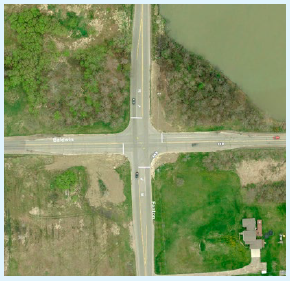 Aerial photo of a rural intersection.