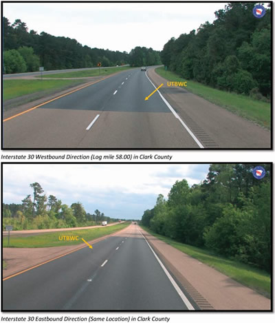 Two photos each depicting median-separated Interstate 30 Westbound and Eastbound at the milepost 58 in Arkansas. In both photos, the point where the ultra-thin bonded wearing course begins and the untreated road ends is clearly evident as the treated pavement is darker.