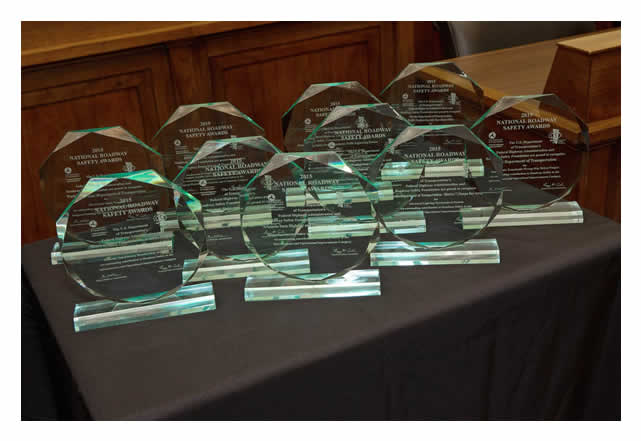 Congratulations to the 2015 National Roadway Safety Award winners! The trophies on display prior to presentation.