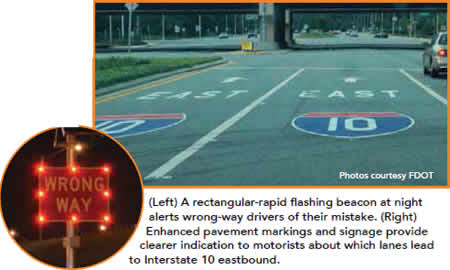 (left) illluminated "Wrong Way" sign (right) enhanced pavement markings on a freeway in front of a bridge, showing two lanes going east on interstate 10.