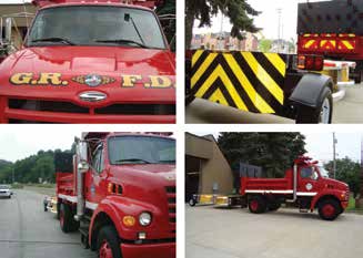 top left: Closeup of Grand Rapids Fire Department fire truck hood; top right: closeup of accident response equipment; bottom left: closeup of passenger side of a tow truck; bottom right: wide shot of a tow truck