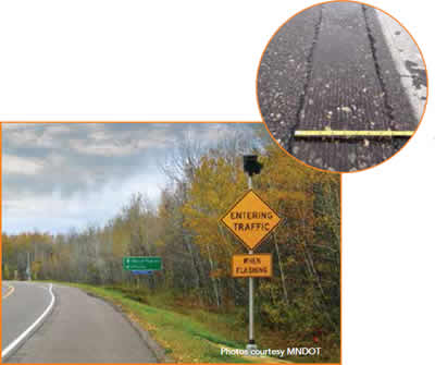 (bottom) shot of the side of a rural road with a sign that reads "Entering Traffic When Flashing"; (top right corner) closeup of sinusoidal rumble strip