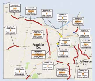 Map showing projected reductions in fatalities and serious injuries over a 10-year perioud in Franklin and Jefferson counties in Missouri.