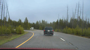 The photo shows Old Faithful Road inbound to the geyser: a two-lane road (in the inbound direction) with narrow paved shoulders.