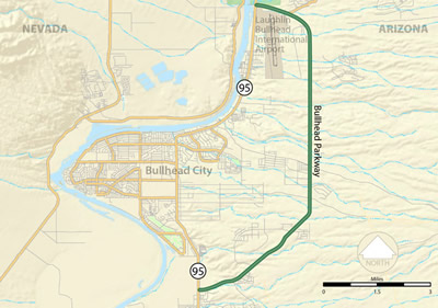Figure 2. Aerial map including Bullhead City, Laughlin Bullhead International Airport, Bullhead Parkway, and the Colorado River.