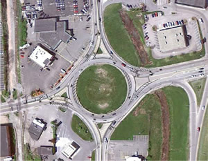 An aerial view of the City of Newport Rotary with the new restriping concept overlaid.
