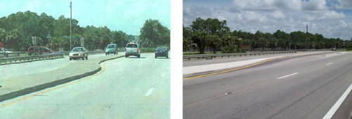 Before (left): An SUV waits in the southbound left turn lane to turn on to twenty-fifth avenue. After (right): A view of the southbound left-turn lane on to twenty-fifth avenue after adjustments have been made to modify the median opening providing access to twenty-fifth avenue.