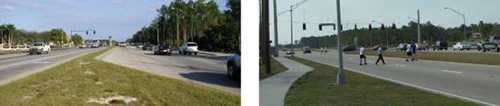 (Left) Image of Immokalee Road near Valewood Drive showing traffic traveling in both directions. (Right) Image of Immokalee Road in front of schools showing a group of kids crossing several lanes of traffic in the middle of the block.