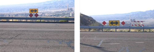 Before (left): T-Intersection signing. A sign with arrows pointing left and right above two diamond reflective signs all mounted to a guardrail. After (right): Enhanced t-intersection signing. A reflective diamond sign followed by a sign with arrows pointing left and right and another diamond reflective signs all mounted to a guardrail.