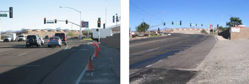 Before (left): Short right-turn lane. After (right): Extended right-turn lane.