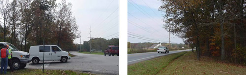 (Left) Image looking south displaying limited sight distance at L.M. 20.81. A van is inches forward into an intersection trying to gauge when a turn can be safely made. (Right) Image looking north  displaying limited sight distance at L.M. 20.81. A car proceeding north starts the turn around a bend in the road.