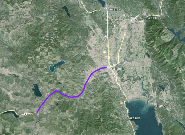 Figure 10: Aerial Photo of US Highway 2, Kalispell, Montana RSA. The portion of Highway 2 is defined by a purple line.
