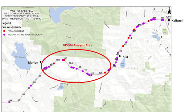 Figure 11: Graphic depicting the RSA and IHSDM study area in Kalispell, Montana.  Fatal and incapacitating injuries are mapped on the US 2 corridor between mileposts 94 and 119.  The IHSDM Analysis Area is circled in red and is located between mileposts 99.34 and 109.