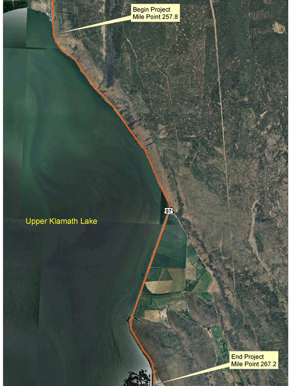 Figure 15: Aerial map of the US Highway 97 Study Corridor. US Highway 97 is highlighted in orange with Upper Klamath Lake to the left. A callout box with the beginning of the project is at mile point 257.8 and another callout box at the end of the project at mile point 267.2.