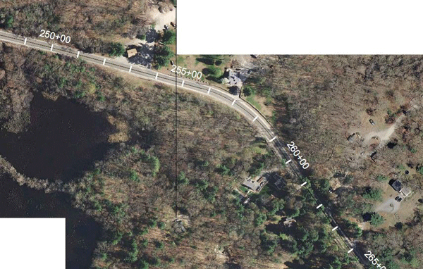 Figure 4: A Google Earth aerial from Snake Hill Road RSA shows project stationing numbers and markings overlaid in white.
