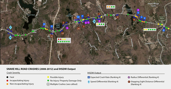 Figure 8: Aerial photograph of Snake Hill Road with crash symbols overlaid. The symbols show the Crash Severity: Fatal, Incapacitating Injury, Non-incapacitatin Injury, Possible Injury, No Injury/Property Damage Only, and Multiple Crashes (see callout).  More symbols show the IHSDM Output: Expected Crash Rate (Ranking#), Speed Differential (Ranking #), Radius Differential (Ranking #), and Stopping Sight Distance Differential (Ranking#).