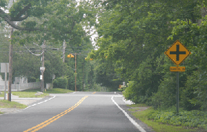 Photo of the south approach to Snake Hill Road where vegetation and foliage is blocking a stop sign in the distance.  There is an intersection ahead warning sign in the right hand side of the photo and signal heads in the distant background.