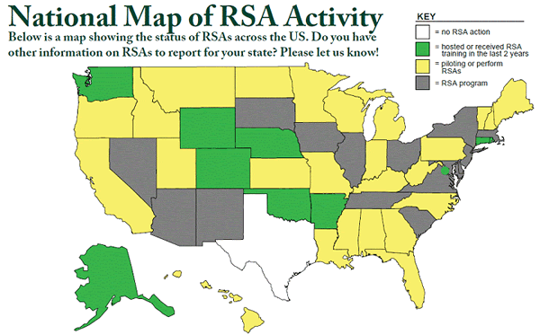 National Map of RSA Activity - Below is a map showing the status of RSAs across the US. Do you have other information on RSAs to report for your state? Please let us know!