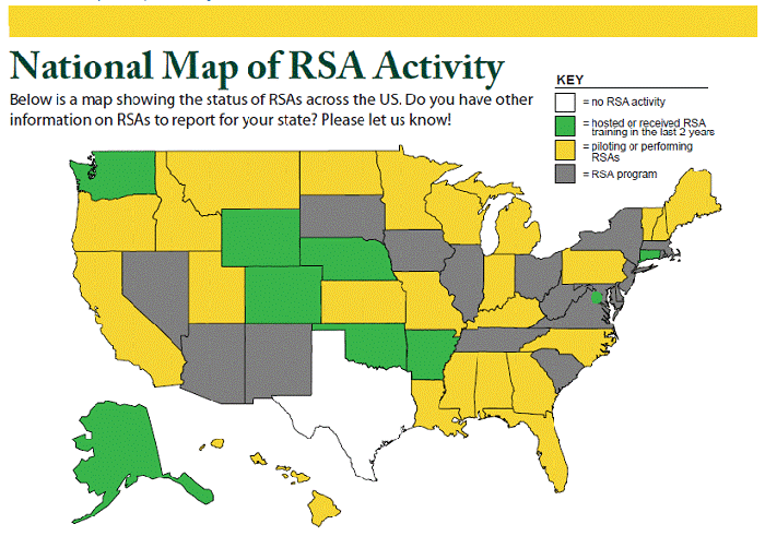 Image: National Map of RSA Activity - Below is a map showing the status of RSAs across the US. Do you have other information on RSAs to report for your state. Please let us know!