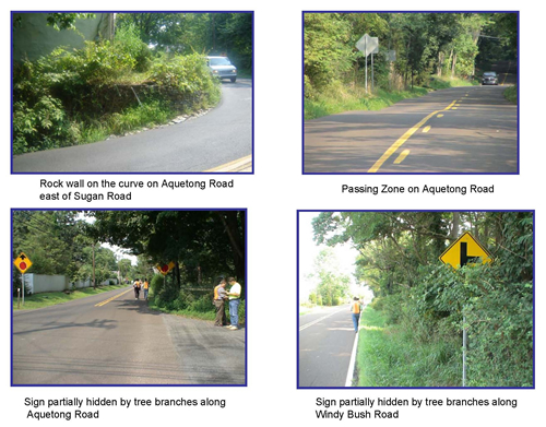 Top Left: Rock wall on the curve on Aquetong Road east of Sugan Road; Top Right: Passing Zone on Aquetong Road; Botton Left: Sign partially hidden by tree branches along Aquetong Road; Bottom Right: Sign partially hidden by tree branches along Windy Bush Road