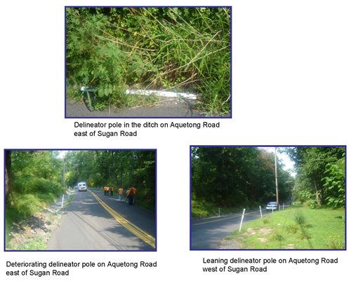 Top: Delineator pole in the ditch on Aquetong Road east of Sugan Road; Botton Left: Deteriorating delineator pole on Aquetong Road east of Sugan Road; Bottom Right: Leaning delineator pole on Aquetong Road west of Sugan Road