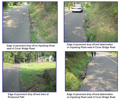 Top Left: Edge of pavement drop off on Aquetong Road west of Cover Bridge Road; Top Right: Edge of pavement drop off and deterioration on Aquetong Road west of Cover Bridge Road; Botton Left: Edge of pavement drop off and drain at Rockwood Path; Bottom Right: Edge of pavement drop off and deterioration on Aquetong Road west of Cover Bridge Road